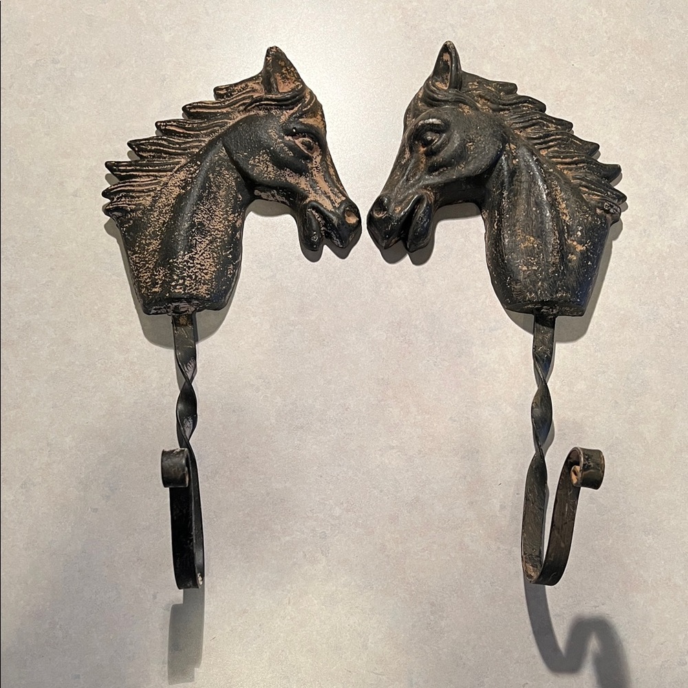 Horse Head Cast Iron Wall Hooks - Pair - Vintage Look